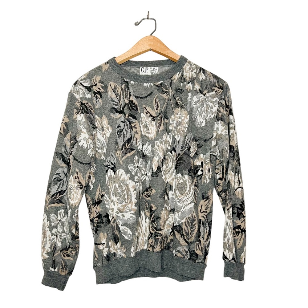 Vintage C.P. Sport Lightweight Floral Print‎ Knit Sweater Neutral Grey Medium M